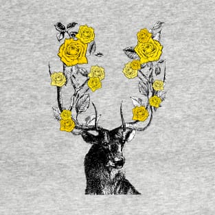 Stag and Roses | Stag and Flowers | Yellow Roses | T-Shirt